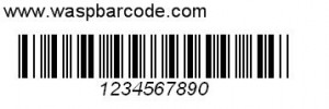 A sample barcode with the number 1, 2, 3, 4, 5, 6, 7, 8, 9, 0 on it and the text www.waspbardcode.com above it.