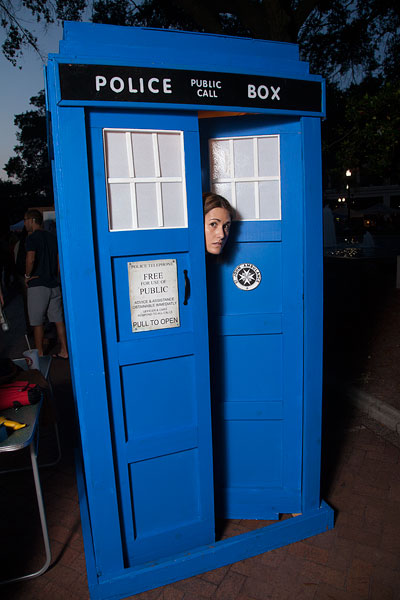 caption: Techno-Geek Nerd Princess checking to see where the TARDIS landed this time.