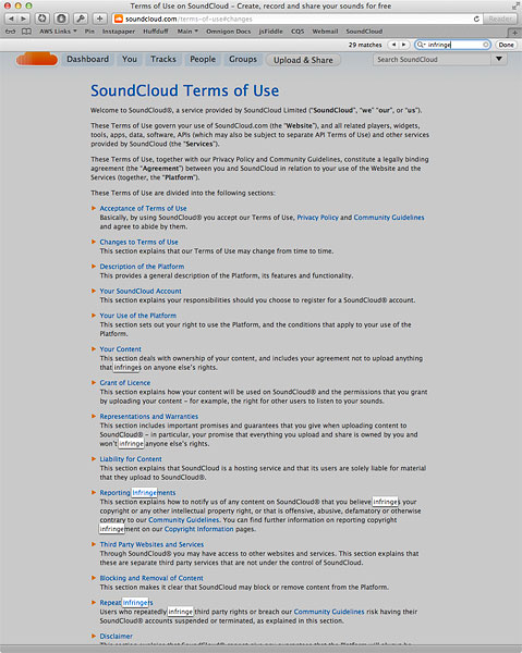 A screenshot of the Sound Cloud Terms Of Use. The word 'derivative' is highlighted each time it occurs.